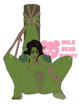 5_fingers 5_toes anus arms_above_head arms_tied bdsm big_breasts biped bondage bound breasts clitoris colored_nails eyebrows eyelashes feet female fingernails fingers genitals green_body green_fingernails green_nails green_skin green_toenails humanoid_pointy_ears legs_tied logo nails nipple_piercing nipples not_furry nude nude_female nude_humanoid piercing plump_labia pointy_ears presenting presenting_vulva restraints rope rope_bondage rope_harness simple_background solo spread_legs spreading submissive submissive_female submissive_humanoid text thick_thighs toenails toes tusks vulva white_background wide_hips milkbearbunny pork_(milkbearbunny) humanoid orc artist_logo artist_name hi_res
