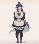 anthro apron big_breasts biped black_clothing black_dress blue_body blue_hair breasts claws clothed clothing countershade_torso countershading curvy_figure digital_media_(artwork) dragon dress ear_piercing ear_ring female female_anthro fully_clothed hair hi_res horn kemono lcshian long_hair long_tail looking_at_viewer maid_uniform mythological_creature mythological_scalie mythology piercing red_eyes red_hair relly_(lcshian) relly_(shian) ring_piercing scalie shaded shadow simple_background smile solo standing tail toe_claws uniform voluptuous white_apron white_background white_body white_clothing wingless_dragon