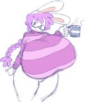 anthro big_breasts bottomwear braided_hair breasts clothed clothing container cup eyewear female glasses hair holding_container holding_cup holding_object huge_breasts hyper hyper_breasts long_hair pants purple_hair smile solo sweater topwear white_body angstrom marie_(angstrom) lagomorph leporid mammal rabbit 2018