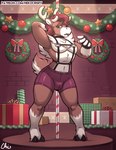 anthro bedroom_eyes bottomwear brown_body brown_fur bulge chest_tuft clothing decoration fur gift harness holidays hooves horn male narrowed_eyes pole seductive shorts solo text tuft nekocrispy christmas deer mammal new_world_deer reindeer 2023 url