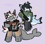 anthro biped black_eyes black_hair countershade_fur countershading duo fur grey_body grey_fur gun hair holding_gun holding_object holding_ranged_weapon holding_weapon looking_aside male ranged_weapon red_hair_tips weapon white_body white_countershading white_fur sh-4rk roblox mizu_(sh-4rk) shark_(sh-4rk) fish lemon_shark marine requiem_shark robloxian shark tiger_shark 2024