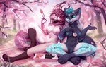 anthro beverage blue_hair blue_markings blue_nipples breasts brown_body brown_fur brown_hair casual_nudity cherry_blossom chopsticks clitoris duo fangs female flower food front_view fur genitals glistening glistening_eyes green_eyes grey_body grey_fur hair humanoid_genitalia humanoid_pussy leg_markings markings meat nipples nude open_mouth open_smile orange_body orange_fur outside picnic pink_eyes pink_nipples plant prunus_(flower) pussy sashimi short_hair sitting smile socks_(marking) sushi teeth bloominglynx nurah yukki_kirai canid canine canis felid feline fox hybrid lynx mammal wolf 2023 hi_res