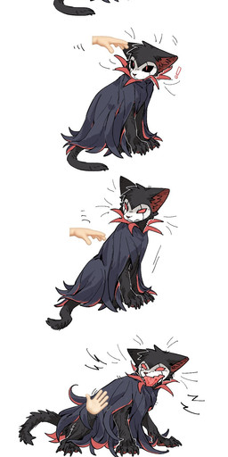 ambiguous_gender black_body black_fur black_nose clothing duo ellipsis empty_eyes exclamation_point feral feral_focus fingers fur hissing inner_ear_fluff motion_lines mouth_closed open_mouth paws pupils quadruped questioning_ellipsis red_eyes simple_background slit_pupils solo_focus tail tongue tuft white_background aaasakawa hollow_knight_(franchise) team_cherry grimm_(hollow_knight) human mammal 2026 hi_res