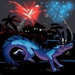 ambiguous_gender black_eyes blue_body blue_scales building exclamation_point feral fireworks holidays house night nude outside palm_tree plant running scales sky solo spikes tail teeth tree fivel 4th_of_july scampi crocodile crocodilian reptile scalie 1:1 2016 digital_media_(artwork) hi_res