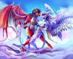 anthro black_hair breasts butt claws cloud day detailed_background duo eyebrow_piercing eyebrow_ring eyes_closed facial_piercing feathers female female/female fin flower flying french_kissing hair horn kissing membrane_(anatomy) membranous_wings navel nipple_piercing nipples nude outside piercing plant red_body red_scales ring_piercing scales sky skyscape tail wings artsyrobo mythology scarlet_(scarlet-drake) waterflower dragon mythological_creature mythological_scalie scalie