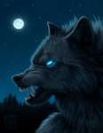 anthro black_body black_fur blue_eyes detailed_fur fangs fur glowing glowing_eyes light moon moonlight night open_mouth outside plant realistic_lighting realistic_shading sharp_teeth sky solo star teeth tree kippycube canid canine canis mammal wolf 2020 detailed lighting signature