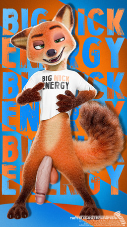 4_fingers anthro balls big_balls big_penis black_claws black_eyebrows black_nose bottomless bottomless_anthro bottomless_male brown_markings claws clothed clothing dipstick_ears dipstick_tail ear_markings eyebrows fangs fingers front_view fur genitals gesture glans glistening glistening_balls glistening_genitalia glistening_glans glistening_penis gloves_(marking) green_eyes half-closed_eyes hand_gesture humanoid_genitalia humanoid_penis leg_markings male markings multicolored_ears narrowed_eyes open_mouth orange_body orange_fur penis pointing pointing_at_self raised_eyebrow shirt shirt_only smile socks_(marking) solo standing tail tail_markings teeth text text_background text_on_clothing text_on_shirt text_on_topwear topwear topwear_only vein veiny_penis white_clothing white_shirt white_topwear screwingwithsfm disney zootopia nick_wilde canid canine fox mammal red_fox true_fox 2025 3d_(artwork) 4k 9:16 absurd_res digital_media_(artwork) english_description english_text hi_res