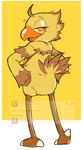 ambiguous_gender anthro beak biped brown_body brown_feathers butt butt_pose feathers feet half-closed_eyes looking_back narrowed_eyes orange_beak orange_eyes pose simple_background talons text toes white_background yellow_background yellow_body yellow_feathers sexotheque final_fantasy square_enix morsh avian bird chocobo 2022 digital_media_(artwork) english_text