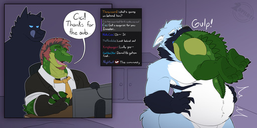 anthro belly big_belly big_muscles body_hair butt clothing duo feet green_body hair livestream male male/male male_pred muscular muscular_anthro muscular_male nude open_mouth paws shadow simple_background size_difference tail teeth text tongue vore zopilotemenu cici_(gahicicio) invader_(invaderthegator) alligator alligatorid canid canine canis crocodile crocodilian domestic_dog lizard mammal reptile scalie absurd_res digital_media_(artwork) english_text hi_res