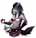 anthro anthrofied black_sclera bra breasts clothed clothing fangs female hair half-closed_eyes holding_object holding_pokeball looking_at_viewer narrowed_eyes open_mouth panties pokeball pokeball_bra pokeball_clothing pokemorph premier_ball red_eyes simple_background skimpy smile solo standard_pokeball teeth underwear white_background vexstacy nintendo pokemon canid canine generation_3_pokemon mammal mightyena pokemon_(species) hi_res portrait three-quarter_portrait