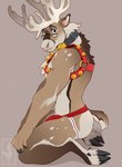 anthro antlers bell bell_harness blue_eyes bulge chest_tuft clothed clothing cloven_hooves collar deer detailed_bulge eyewear genital_outline glasses harness hooves horn jockstrap jockstrap_only kneeling looking_at_viewer male mammal new_world_deer penis_outline reindeer short_tail smile solo tail topless tuft twistedhound underwear underwear_only