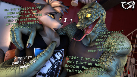 anthro black_clothing black_highlights black_shirt black_tank_top black_topwear brown_body brown_fur brown_hair clothed clothed_anthro clothed_male clothing dialogue duo eye_contact fur green_body green_scales hair highlights_(coloring) hypnosis hypnotic_eyes looking_at_another male male/male mind_control multicolored_hair ringed_eyes scales shirt t-shirt tail tank_top text tongue tongue_out topwear two_tone_hair yellow_eyes psikokinetic petruz_(modeler) warfaremachine_(modeler) isamu_(psikokinetic) psiko_(psikokinetic) canid canine canis jackal mammal reptile scalie snake 16:9 2024 3d_(artwork) 4k absurd_res digital_media_(artwork) english_text hi_res source_filmmaker_(artwork) widescreen