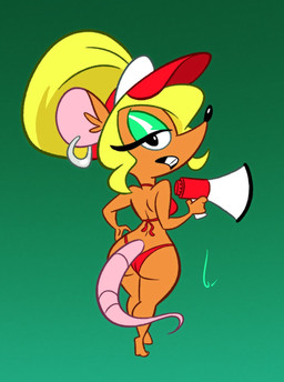 anthro bikini biped black_nose blonde_hair buckteeth butt clothed clothed_anthro clothed_female clothing ear_piercing ear_ring eyelashes female female_anthro green_background hair hat headgear headwear long_eyelashes looking_at_viewer looking_back looking_back_at_viewer megaphone piercing rear_view red_bikini red_clothing red_swimwear ring_piercing simple_background solo swimwear tail teeth toony two-piece_swimsuit visor_cap birchly mammal murid murine rodent 2025 hi_res