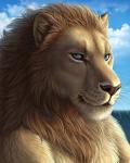 anthro blue_eyes brown_body brown_fur clothed clothing cloud detailed_fur fur looking_at_viewer male mane outside sea sky solo topless water myenia rukis ariel_(deuceswift) felid lion mammal pantherine 2015 4:5 bust_portrait detailed portrait