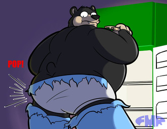 accident accidental_exposure anthro appliance black_body black_fur black_nose blue_bottomwear blue_clothing blue_pants bottomwear briefs butt clothing food fridge fur green_refrigerator holding_food holding_object holding_pizza inside kitchen kitchen_appliance male midnight_snack monotone_briefs monotone_clothing monotone_underwear motion_lines obese open_refrigerator overeating overweight overweight_male pants pants_rip pizza purple_background purple_text red_text simple_background solo sound_effects teeth_showing text tighty_whities torn_bottomwear torn_clothing torn_pants underwear wardrobe_malfunction white_briefs white_clothing white_underwear foxmanad dom_(foxmanad) bear black_bear mammal ursine signature