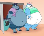 anthro belly belly_overhang big_belly blue_body blue_fur bottomwear clothed clothing duo fur hair holding_belly male morbidly_obese navel nipples obese open_mouth outgrowing_clothes overweight overweight_anthro overweight_male pink_hair purple_hair shirt simple_background suitcase tight_clothing topwear weight_gain shikakaka toza yukon bear canid canine canis hybrid mammal wolf series_(disambiguation) absurd_res hi_res