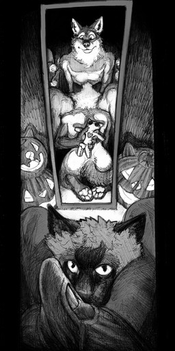 ambiguous_gender anthro bottomwear bulge clothed clothing duo jack-o'-lantern kneeling looking_down looking_up male male/ambiguous mirror nude partially_clothed paws piercing sitting underwear voodoo voodoo_doll momamo kepler_coyote canid canine canis coyote domestic_cat felid feline felis mammal siamese_cat 2025 absurd_res hi_res monochrome sketch traditional_media_(artwork)
