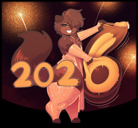 anthro armwear balls big_balls big_penis bodily_fluids bodypaint brown_balls brown_hair brown_tail chest_tuft clothing dress elbow_gloves eyelashes eyeshadow fingers fireworks foreskin foreskin_play foreskin_pull front_view genital_fluids genitals gloves hair hair_over_eye handwear holidays huge_balls huge_penis hyper hyper_balls hyper_genitalia legwear makeup male orange_sclera penis precum smile solo tail text thick_thighs tuft conditional_dnp welwraith new_year new_year_2026 erin_(welwraith) gulonine mammal marten mustelid musteline sable_(marten) 2025 artist_name digital_media_(artwork) full-length_portrait hi_res portrait nonbinary_(lore)