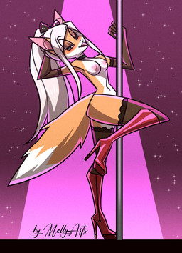 accessory anthro areola blush boots bow_(feature) bow_accessory bow_ribbon breasts choker clothing dancing ears_up eyeliner female footwear fox_tail hair hair_accessory hair_bow hair_ribbon hand_behind_head high_heeled_boots high_heels jewelry legwear light_hair looking_at_viewer makeup multicolored_eyes necklace nipples pole pole_dancing ribbons shoes solo sparkles spotlight stockings tongue tongue_out mellyarts danganronpa danganronpa_2 spike_chunsoft sonia_nevermind canid canine fox mammal 2021 hi_res