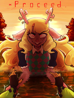 anthro blonde_hair clothing duo female fingers gloves hair handwear horn lake outside red_eyes shirt snowgrave text topwear water stephsartlab deltarune undertale_(series) kris_dreemurr noelle_holiday deer human mammal new_world_deer reindeer 2026 digital_media_(artwork) hi_res