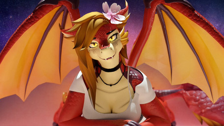 accessory amber_eyes anthro black_collar black_pendant blonde_hair breasts clothed clothing collar countershade_accent dragon_ears female flower flower_in_hair flower_on_head hair hair_accessory jewelry membrane_(anatomy) membranous_wings pendant plant red_body red_scales red_wings scales snout solo tail tail_scales tan_body tan_scales white_clothing wings yellow_eyes yellow_wings vinci19 foxipaws_(modeler) mythology vinci_the_dragon dragon mythological_creature mythological_scalie scaled_dragon scalie 16:9 3d_(artwork) digital_media_(artwork) widescreen