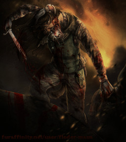 ambiguous_gender anthro armor bayonet blood blood_on_object blood_on_weapon bodily_fluids female foaming_at_mouth holding_object holding_weapon killing knife mercenary military rabies snuff solo standing weapon wounded schiavonesca fran_tusajigwe canid canine hybrid hyena mammal maned_wolf hi_res