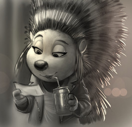 anthro bendy_straw beverage beverage_can biped black_nose bokeh can clothed clothed_anthro clothed_female clothing container drinking drinking_straw eyebrows eyelashes eyeliner female fingers fully_clothed fully_clothed_anthro fully_clothed_female half-closed_eyes holding_beverage holding_can holding_container holding_object holding_paper jacket lips lipstick makeup mouth_closed narrowed_eyes paper philtrum quills_(anatomy) reading shirt smile solo standing striped_quills topwear carrot_(artist) illumination_entertainment sing_(movie) ash_(sing) mammal porcupine rodent 2022 digital_media_(artwork) greyscale half-length_portrait monochrome portrait