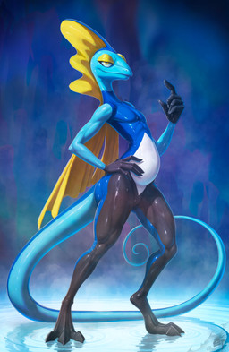 3_toes 5_fingers anthro athletic belly black_body blue_body feet fingers glistening glistening_body hand_on_hip long_tail male multicolored_body muscular muscular_thighs simple_background slightly_chubby slightly_chubby_male slim smug_face solo standing standing_on_water tail toes water yellow_eyes drakaar nintendo pokemon generation_8_pokemon inteleon pokemon_(species) 2025 digital_media_(artwork) hi_res signature