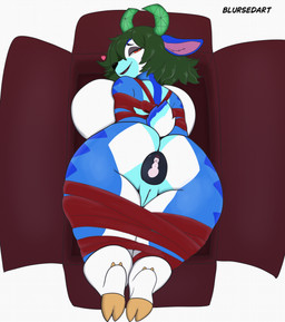 anthro bdsm big_breasts big_butt blue_body blue_fur box breasts butt buttplug container female fur genitals green_hair hair half-closed_eyes heart_symbol holidays hooves horn looking_at_viewer looking_back narrowed_eyes nude plug_(sex_toy) rear_view red_eyes sex_toy shortstack shortstack_female simple_background snowman solo vulva white_background white_body white_fur blursedart christmas petra_the_defend_deer deer mammal 2026 absurd_res hi_res signature