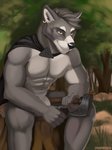 anthro axe cape clothing ear_piercing ear_ring forest fur gaze grass grey_body grey_fur male melee_weapon nude outside painting piercing plant ring_piercing rock solo tasteful_nudity tomahawk tree tree_stump weapon white_body white_fur otterboxed canid canine canis mammal wolf 2020 3:4 absurd_res hi_res