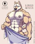 abs anthro blue_eyes canid canine canis convenient_censorship english_text fur hi_res imperiumlupi linus_mills male mammal muscular muscular_anthro muscular_male navel nipples nude pecs solo text towel watermark wolf yellow_body yellow_fur