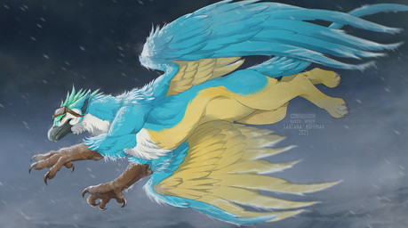 ambiguous_feral ambiguous_gender blue_body blue_feathers blue_tail blue_wings brown_claws claws ears_back eyewear eyewear_on_head feathers feral goggles goggles_on_head mouth_closed narrowed_eyes navel pivoted_ears side_view snow snowing solo tail wings yellow_body yellow_feathers yellow_wings santanahoffman mythology avian gryphon mythological_avian mythological_creature hi_res