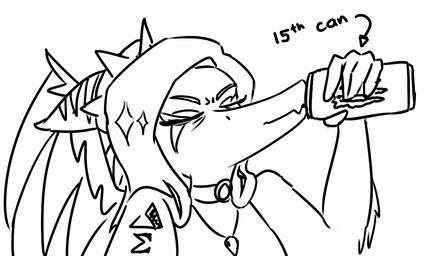 5_fingers anthro beverage beverage_can bone_frill drinking elbow_feathers energy_drink eyes_closed feathered_wings feathers female fingers frill_(anatomy) hair jewelry long_hair necklace snout solo wings jacket_ignites cavemanon_studios goodbye_volcano_high ko_op_(game_developer) monster_energy snoot_game fang_(gvh) prehistoric_species pterosaur reptile scalie 2024 monochrome sketch watermark