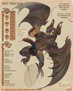 5_fingers abs anthro balls bat_ears bat_wings biceps big_balls big_penis black_balls black_body black_fur black_genitals black_penis blue_eyes bodily_fluids character_sheet_(rpg) cybernetic_hand cybernetic_limb cybernetics dripping erection feet fingers flaccid flying foreskin fur genital_fluids genitals glowing glowing_eyes grill huge_balls huge_penis humanoid_genitalia humanoid_penis improvised_shield improvised_weapon long_penis looking_at_viewer machine male melee_weapon membrane_(anatomy) membranous_wings muscular muscular_anthro muscular_male nipples nude nude_anthro nude_male offscreen_character pecs penile penis pepper_shaker precum precum_drip profanity rogue simple_background smile snout solo teeth text tight_balls tusks weapon wings hotsatyr dungeons_and_dragons hasbro mythology the_dungeon_(hotsatyr) wizards_of_the_coast bat-terluck bat mammal 2025 censored digital_media_(artwork) english_text model_sheet mosaic_censorship uncensored_version_at_paywall