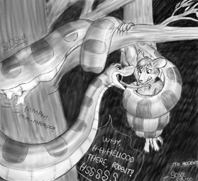 anthro body_outline coiling face_imprint feral group hand_imprint imprint male size_difference soft_vore tongue vore scott_calico mammal reptile rodent scalie snake monochrome source_request