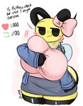 anthro big_breasts bottomwear breast_squish breasts clothed clothing dialogue female huge_breasts jacket legwear neck_tuft retweet ribbons shirt shirt_grab skirt smug solo squish stockings talking_to_another text thick_thighs topwear tuft woebeeme bug_fables moonsprout_games strip_meme annabee_(woebeeme) fan_character arthropod bee hymenopteran insect absurd_res english_text hi_res signature