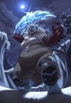 5_fingers 5_toes anthro armor_plates belly big_hands biped blue_body body_hair breasts chest_hair chest_tuft cloud feet female fingers hair horn ice ice_body icicle leaf logo moon night open_mouth plant red_arms snow solo standing toes tree tuft white_hair chimeracauldron capcom monster_hunter goss_harag monster absurd_res artist_logo digital_media_(artwork) hi_res