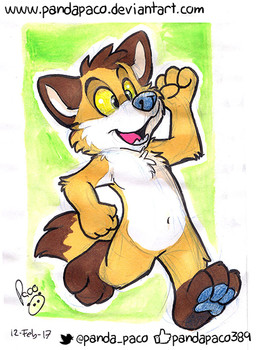 anthro blue_nose blue_pawpads cheek_tuft dipstick_tail facial_tuft featureless_crotch fur green_eyes head_tuft leg_markings logo male male_anthro markings navel nude open_mouth open_smile pawpads smile socks_(marking) solo tail tail_markings text tuft walking white_body white_fur yellow_body yellow_fur yellow_sclera young young_anthro young_male pandapaco canid canine mammal 2017 artist_logo dated signature url