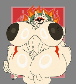 anthro anthrofied areola big_breasts black_areola black_nipples black_sclera breasts female genitals huge_breasts huge_hips huge_thighs hyper hyper_thighs looking_at_viewer nipples red_eyes smile solo thick_thighs vulva white_body wide_hips daeriusus capcom okami_(capcom) amaterasu_(okami) canid canine canis deity mammal wolf 2025 hi_res
