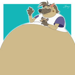 anthro belly big_belly black_nose brown_body brown_fur clothing exposed_belly eye_bags eyebrows fur gesture hair hand_on_belly huge_belly hyper hyper_belly long_hair long_snout looking_at_viewer male markings mature_male notched_ear overweight overweight_male pointy_ears raised_eyebrows sharp_teeth shirt simple_background smile snout solo tan_body tan_fur teeth topwear waving nitemarearan starwolfdragon twende_(series) boss_(twende) hyena mammal 1:1 2025 hi_res signature