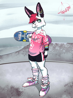 5_fingers anthro armband athletic_wear black_body black_fur bottomwear buckteeth clothed clothing cold_shoulder_top ear_piercing ears_up eye_through_hair eyelashes fingers fur green_eyes gym_bottomwear gym_shorts hair heart_symbol leggings legwear lgbt_pride long_ears looking_at_viewer makeup male multicolored_body multicolored_fur pansexual_pride_colors piercing pink_inner_ear pink_nose pride_colors print_clothing print_shirt print_t-shirt print_topwear red_hair shirt shorts simple_background skateboard solo t-shirt teeth topwear translucent translucent_hair two_tone_body two_tone_fur vehicle white_body white_fur atokitsune whitney_(atokitsune) lagomorph leporid mammal rabbit 2025 3:4 hi_res