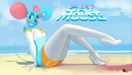 ambiguous_gender anthro armwear beach biped blue_body blue_eyes boots clothing elbow_gloves footwear gloves handwear high_heeled_boots high_heels legs_up legwear sea shoes simple_background solo tail text thigh_boots thigh_highs topwear tube_top water vimhomeless muscle_mouse mammal mouse murid murine rodent absurd_res full-length_portrait hi_res portrait signature