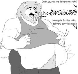 abdominal_bulge anthro belly big_belly burping clothing dialogue fully_inside hand_on_belly male male_pred mane muscular muscular_male open_mouth same_size_vore shirt tank_top text tongue tongue_out topwear vore hidi felid lion mammal pantherine english_text monochrome
