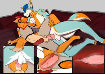 anal anal_penetration anthro balls bed bedroom_eyes blue_hair bodily_fluids cum cum_inside dog_tags duo eye_contact fur furniture genital_fluids genitals hair hand_on_face holding_things_up knotting looking_at_another looking_at_partner machine male male/male multicolored_body multicolored_fur narrowed_eyes orange_penis penetration penis pink_penis protogen_visor red_eyes red_hair seductive x-ray_view kareza falcon_woodwere arctic_wolf canid canine canis mammal protogen wolf absurd_res hi_res