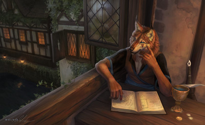 5_fingers anthro book clothed clothed_anthro clothed_male clothing coin container cup detailed_background fingers fur furniture goblet lamp male male_anthro medieval_architecture melee_weapon multicolored_body multicolored_fur night open_window plant sitting solo sword table text topwear vines weapon window wood wood_furniture wood_table wolnir zexis canid canine canis mammal wolf 2024 artist_name