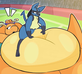 ambiguous_gender anthro arena audience belly belly_grab big_belly bound cuff_(restraint) deep_navel duo group huge_belly hyper hyper_belly larger_sub magic_restraints morbidly_obese navel navel_spread obese overweight restraints sitting sitting_on_another sitting_on_belly size_difference submissive worried_look blitzyflair nintendo pokemon dragonite generation_1_pokemon generation_4_pokemon lucario pokemon_(species) 2026 2d_animation animated frame_by_frame no_sound short_playtime video