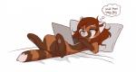 2019 ailurid anthro bed black_nose brown_hair computer digital_media_(artwork) dvixie electronics english_text female furniture green_eyes hair hi_res laptop lying mammal on_back pillow reaction_image red_panda smile solo text tongue tongue_out