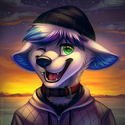 anthro backlighting beanie black_beanie black_clothing black_hat black_headwear black_nose blue_eyes blue_hair blue_inner_ear blue_inner_ear_fluff cheek_tuft clothed clothing cloud collar detailed_background facial_tuft front_view fur glistening glistening_eyes grey_clothing grey_jacket grey_topwear hair hat headgear headwear inner_ear_fluff jacket light looking_at_viewer male multicolored_hair neck_tuft one_eye_closed open_mouth open_smile outside purple_hair red_collar sky smile solo star sunset text topwear tuft white_body white_fur white_hair mylafox 1:1 2016 bust_portrait detailed icon lighting portrait url