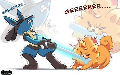 ambiguous_gender anthro black_body blue_ears duo feral fingers fur larger_ambiguous larger_anthro mouth_hold orange_body orange_fur orange_tail size_difference smaller_ambiguous smaller_feral tail teeth text tug_of_war wittlemoew nintendo pokemon pokemon_winds_and_waves canid canine generation_10_pokemon generation_4_pokemon lucario mammal pokemon_(species) pombon 2026 hi_res
