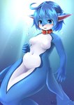 anthro blue_body blue_eyes blue_hair blue_skin blush breasts canid canine collar embarrassed featureless_breasts female fin fox hair hi_res hybrid kemono mammal marine merfolk multicolored_body multicolored_skin navel open_mouth shiitakemeshi slightly_chubby solo split_form underwater water white_body white_skin
